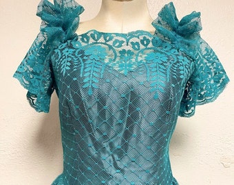 1980s-90s Vintage Homemade Teal Satin Lace Prom Dress