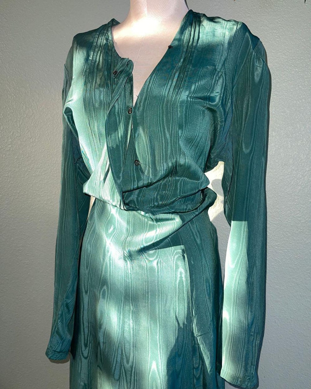 1940s Teal Rayon Dress with Neck Tie