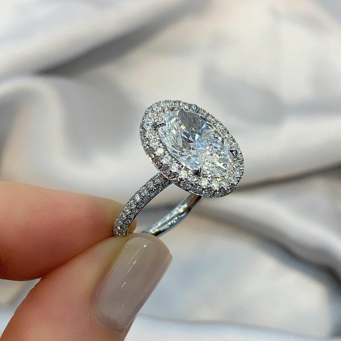 3CT Oval Crushed Ice Diamond Ring Halo Moissanite Engagement Etsy