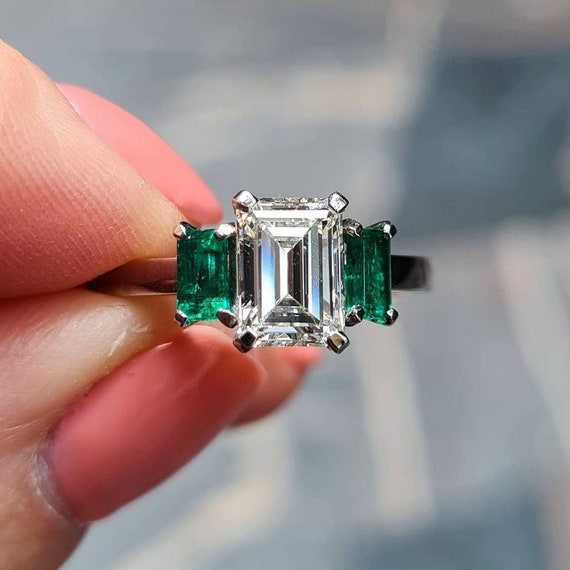 Classic Three Stone Emerald Cut Ring Two Color Diamond Ring | Etsy