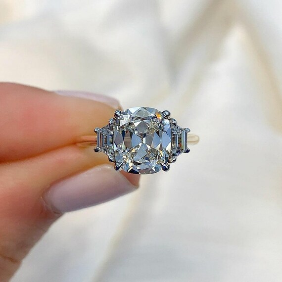 Old Mine Antique Cushion Cut Moissanite Ring Three stone Ring Etsy