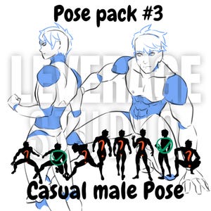 May include: Digital art illustration titled "Pose pack #3" featuring two male figures in blue and white, with several smaller silhouettes demonstrating casual poses. Text reads "Casual male Pose".
