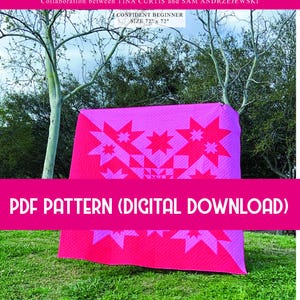 Könnte beinhalten: Ein pinkfarbener und fuchsiafarbener Quilt mit Sternmustern, draußen auf grünem Gras präsentiert. Der Quilt misst 183 x 183 cm. Das Bild enthält Text: "SPLIT PERSONALITY" und "PDF PATTERN (DIGITAL DOWNLOAD)".