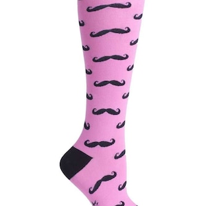 May include: Pink knee-high socks with a black mustache pattern.