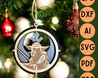 Archivo de corte láser 3D decoración de bolas de Navidad de madera 2 capas -Star Wars Yoda - archivos digitales svg ai cdr pdf dxf eps