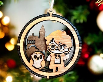 Bola navideña de madera 3D - Harry Wizard y su búho
