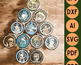 Mega Paquete 12 Archivos de corte láser 3D decoración de bolas de Navidad de madera 3 capas - archivos digitales svg ai cdr pdf dxf eps