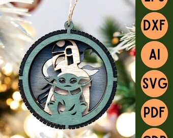 Archivo de corte láser 3D decoración de bolas de Navidad de madera 3 capas -Star Wars The Mandalorian - digital svg ai cdr pdf dxf eps