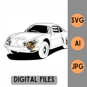 May include: A black and white line drawing of a vintage Alpine car. The car has a rounded shape with a distinctive front grille and round headlights. The word "Alpine" is visible on the front of the car.