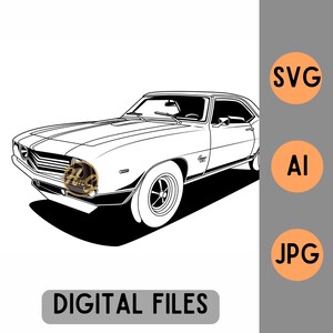 May include: Black and white line art illustration of a classic muscle car. The image features a detailed depiction of the vehicle's body, wheels, and interior. The words "DIGITAL FILES" are at the bottom, with "SVG", "AI", and "JPG" on the right.