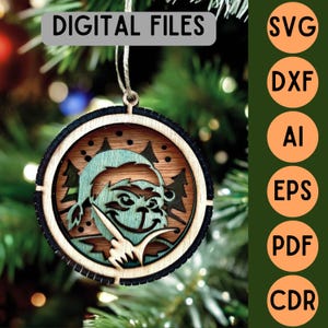 Fichier de découpe laser décoration boule de Noël 3D en bois 3 couches - Le Grinch - fichiers numériques svg ai cdr pdf dxf eps