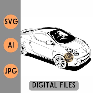Peut inclure: Un dessin au trait noir et blanc d'une petite voiture sportive avec un toit ouvrant. La voiture a un design distinctif avec une partie avant arrondie et une ligne de toit inclinée.