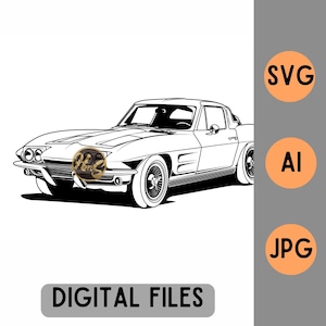 Op de afbeelding: Zwart-wit illustratie van een klassieke oldtimer. De afbeelding toont de carrosserie, wielen en koplampen van het voertuig in detail. De tekst "DIGITAL FILES" staat onderaan de afbeelding.
