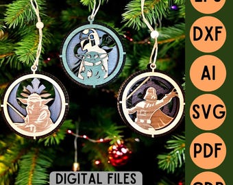 Paquete 3 Archivos de corte láser 3D decoración de bolas de Navidad de madera 3 capas - Archivos digitales de Star Wars svg ai cdr pdf dxf eps