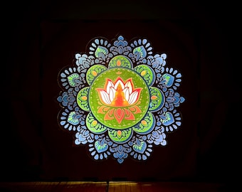 Luz nocturna LED con caja de luz de madera - Yoga, Chakras y Buda Zen en su flor de loto [Personalizable]