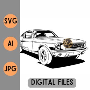 Może przedstawiać: Czarno-biała ilustracja klasycznego samochodu. Obraz zawiera tekst "DIGITAL FILES" na dole oraz ikony typów plików "SVG", "AI" i "JPG" po lewej stronie.
