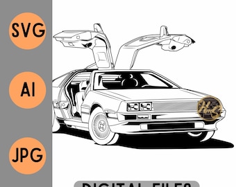 DeLorean DMC-12 con puertas abiertas, archivo digital, vector SVG, AI, jpg, contorno