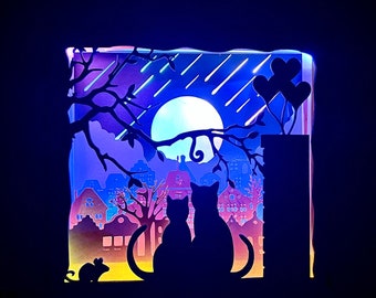 Luz nocturna LED con caja de luz de madera - Gatos enamorados en los tejados [Personalizable]