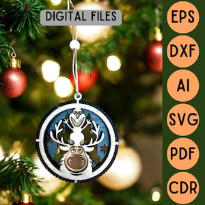 Fichier de découpe SVG laser décoration boule de Noël 3D en bois 3 couches - Sven et Olaf de La Reine des Neiges frozen