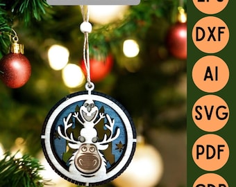 Archivo de corte SVG láser Decoración de bolas de Navidad de madera 3D 3 capas - Sven y Olaf de Frozen frozen