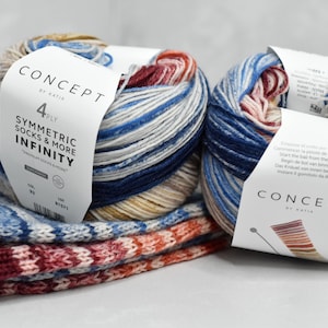 Puede incluir: Dos ovillos de hilo Concept by Katia de 4 cabos en tonos azules, blancos y beige, con un par de calcetines a juego. Las etiquetas del hilo dicen "Symmetric Socks & More Infinity". Los calcetines son azules, blancos y rojos.