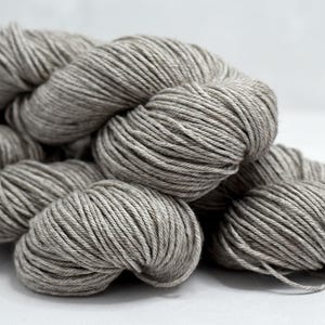 May include: Close-up of several skeins of gray yarn. The yarn is tightly wound into round bundles, with visible strands and a soft, textured appearance. The neutral color suggests versatility for various knitting or crochet projects.