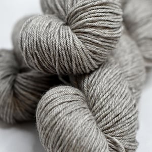 May include: Close-up of several skeins of gray yarn. The yarn is tightly wound, showing the individual strands. The color is a neutral gray, suitable for various knitting or crochet projects. The image is well-lit, highlighting the texture of the yarn.