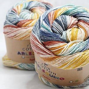 Puede incluir: Dos madejas de hilo Fair Cotton Arlecchino. El hilo es una mezcla de colores que incluyen amarillo, naranja, rojo, azul y verde. El hilo está enrollado alrededor de un tubo de cartón. El texto "Fair Cotton Arlecchino" es visible en la etiqueta.