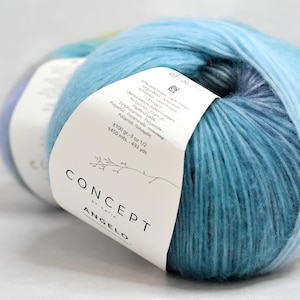 May include: A skein of Concept by Angelo yarn in a blue ombre colorway. The label reads "Concept by Angelo 100 gr. 3 oz. 1/2 450 mtrs. 493 yds."