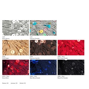 May include: A color chart for Sandnes Garn Paljett yarn, color 1117, displaying eight yarn samples with sequins in silver, multicolored, gold, brown, red, berry, blue, and black. Includes care instructions, 50 gram weight, and 140 meter length.