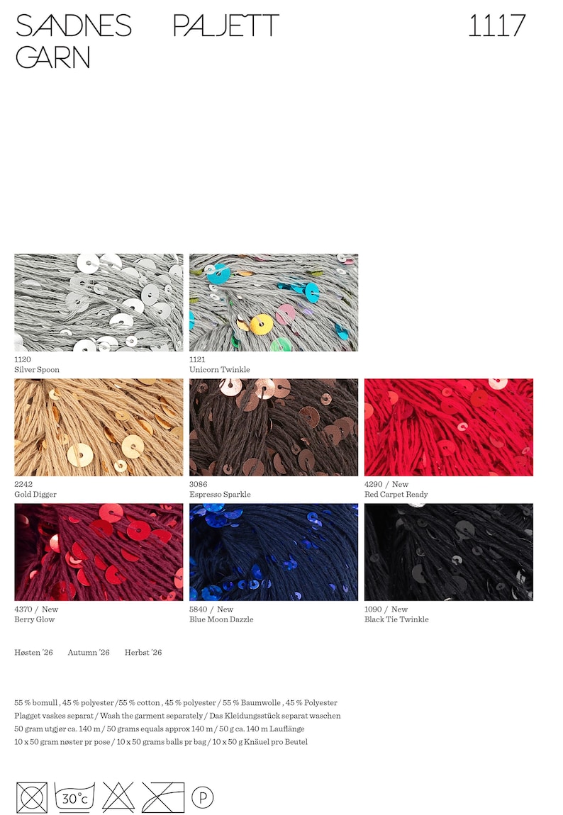 May include: A color chart for Sandnes Garn Paljett yarn, color 1117, displaying eight yarn samples with sequins in silver, multicolored, gold, brown, red, berry, blue, and black. Includes care instructions, 50 gram weight, and 140 meter length.
