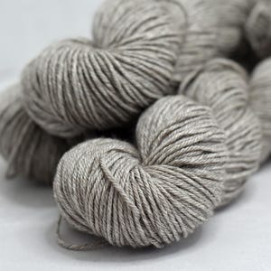May include: Close-up of several skeins of gray yarn. The yarn is tightly wound into round balls, with visible strands and a soft, textured appearance. The neutral color suggests versatility for various knitting or crochet projects.