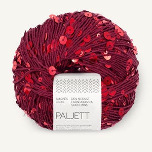 May include: A ball of deep burgundy yarn interwoven with shiny red sequins. A white paper label is wrapped around the center, featuring the text Sandnes Garn, Den Norske Garnfabrikken Siden 1888, Paljett, and the number 4370 in the top corner.