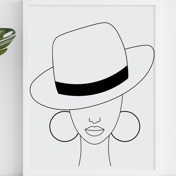 Girl with Hat SVG/ Woman with Large Hat SVG/ Woman in a Hat SVG/ Woman Hat Svg/ Minimal Woman Face Line Art/ Elegant Lady Svg