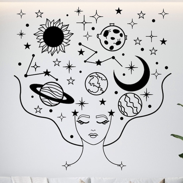 Galaxy girl SVG/ Space girl line art/ Universe girl print/ Girl with sun, moon and stars svg/ Space svg/ Girl with planets svg