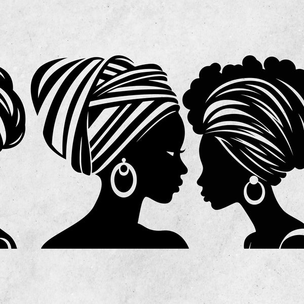 Afro Woman In Turban Silhouette Set/ Afro Women SVG PNG EPS Ai/ Black Queen Silhouette Svg/ African American Woman Head/ Black Woman Svg