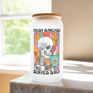 Frosted Glass Iced Coffee Cup: Sarcastic Ghost Design, Bamboo Lid & Straw