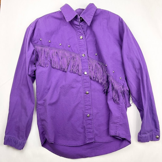 Vintage 1970s Women’s Purple Western Fringe Shirt… - image 1