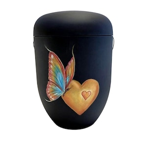 Urn, urn with heart and butterfly, artist urn, hand-painted organic urn, urn for ashes, urn for human ashes, unique urn