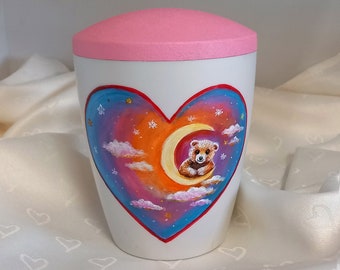 Children's urn, star children's urn, small urn, "Teddy bear with the moon" artist urn, toddler urn, baby urn, hand-painted children's urn