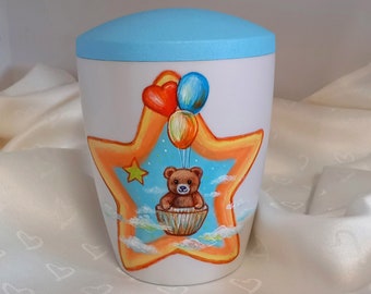 Children's urn, star children's urn, small urn, "teddy bear with balloons" artist urn, toddler urn, baby urn, hand-painted children's urn