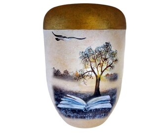 Urn, urn with tree, bird and book, artist urn, hand painted urn, urn for ashes, funeral urn for adults, unique urn