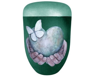 Urn, urn with heart, hands and butterfly, artist urn, hand painted urn, urn for ashes, funeral urn for adults
