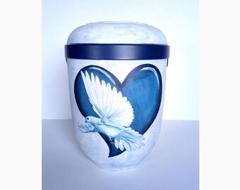Artist urn, urn for ashes, with dove, funeral urn for adults, hand-painted urn