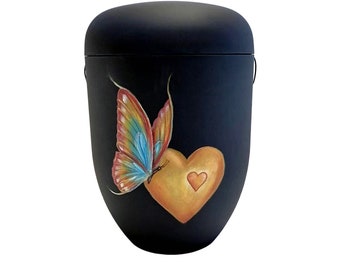 Urn, urn with heart and butterfly, artist urn, hand-painted bio urn, urn for ashes, urn for human ashes, unique urn
