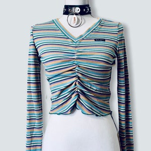NEW Y2K Cotton Ribbed Striped Ruch Top