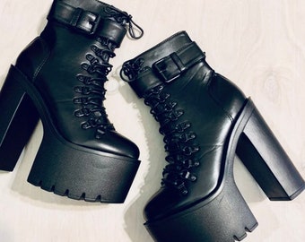 NEW Black Faux Leather Platform Boots