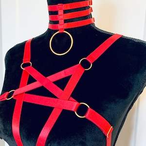 NEW satin pentagram cage bra harness + choker