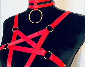 NEW satin pentagram cage bra harness + choker