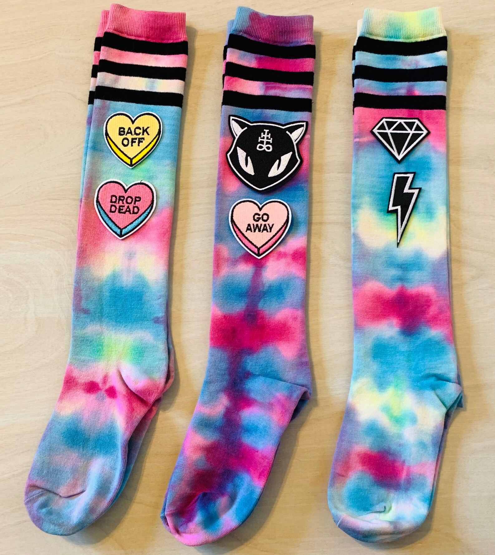 NEW 3 PAIRS TieDye Vintage Stripe Patch Knee High Socks Etsy